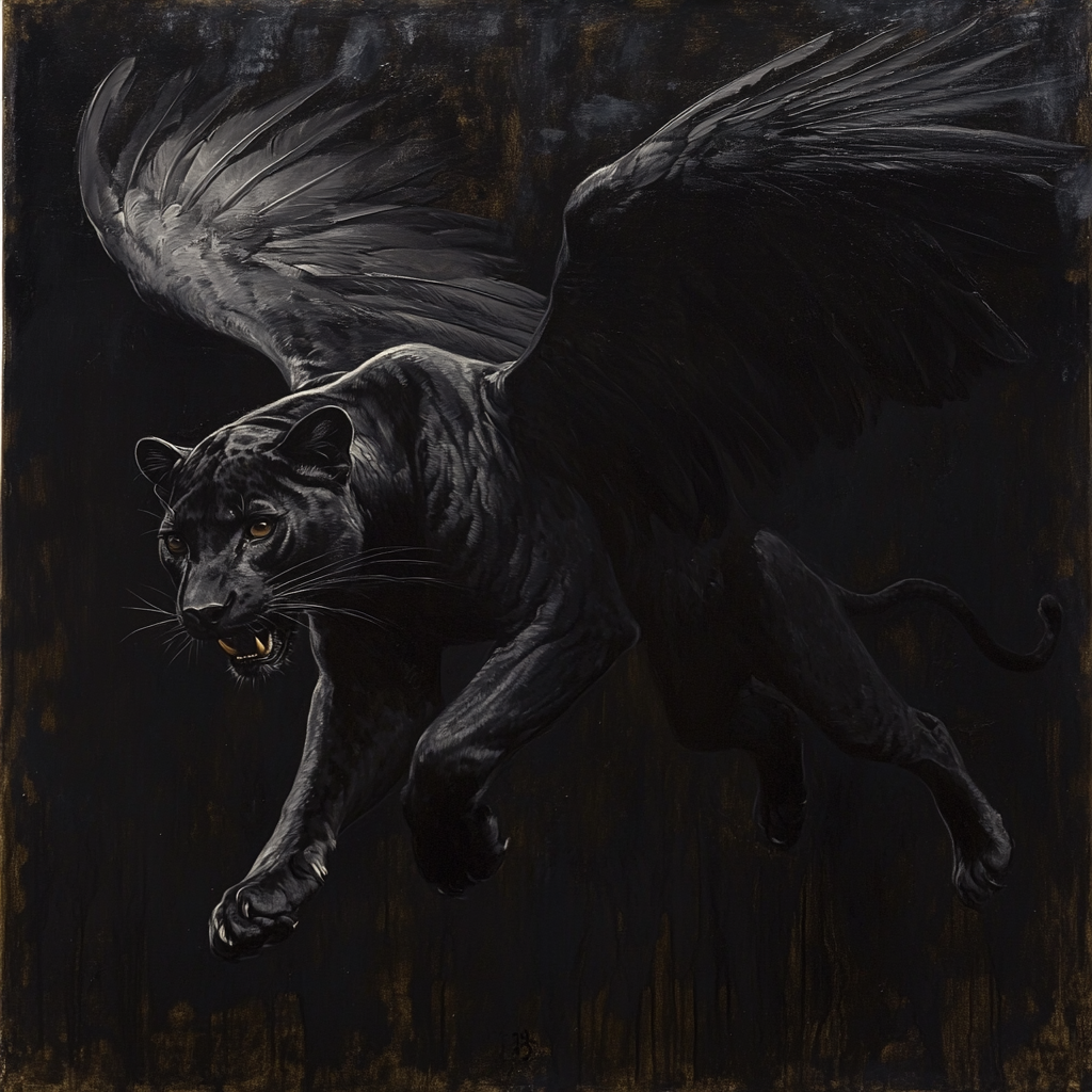 Painting of powerful panther with black feathered wings.