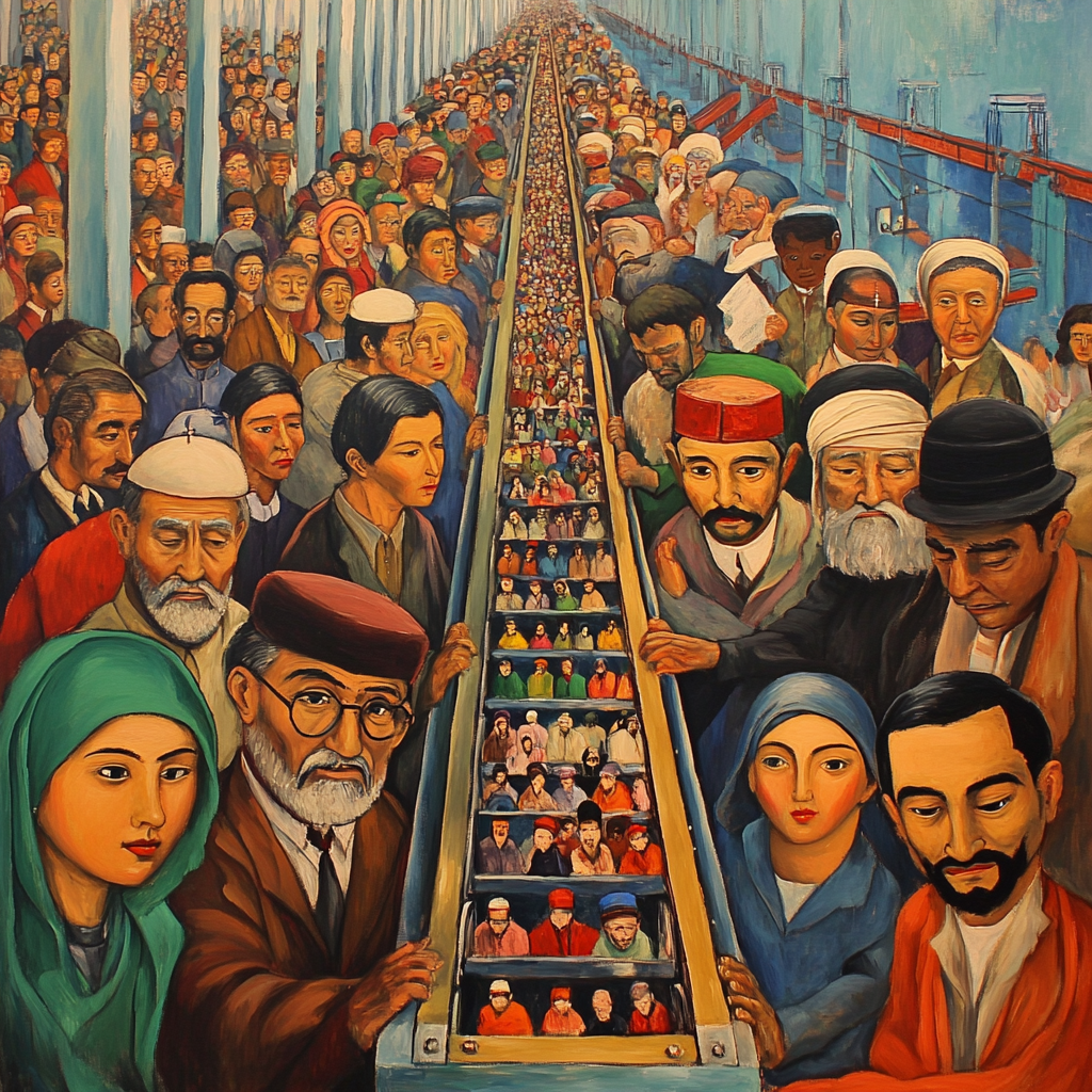 Painting of religious figures at assembly line factory.