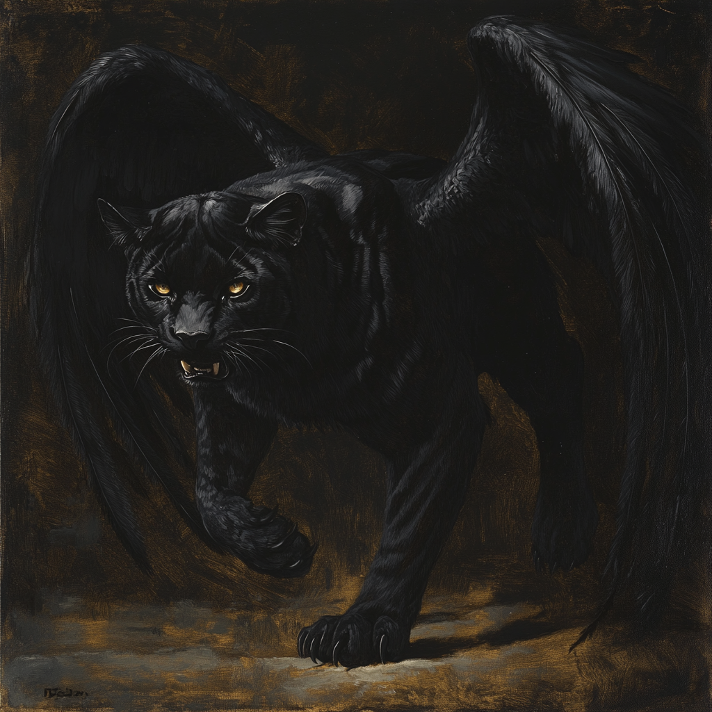 Paintingu of aggressive panther with black feathered wings.