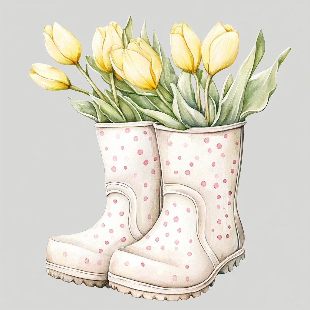 Pair of white wellies with pastel pink design