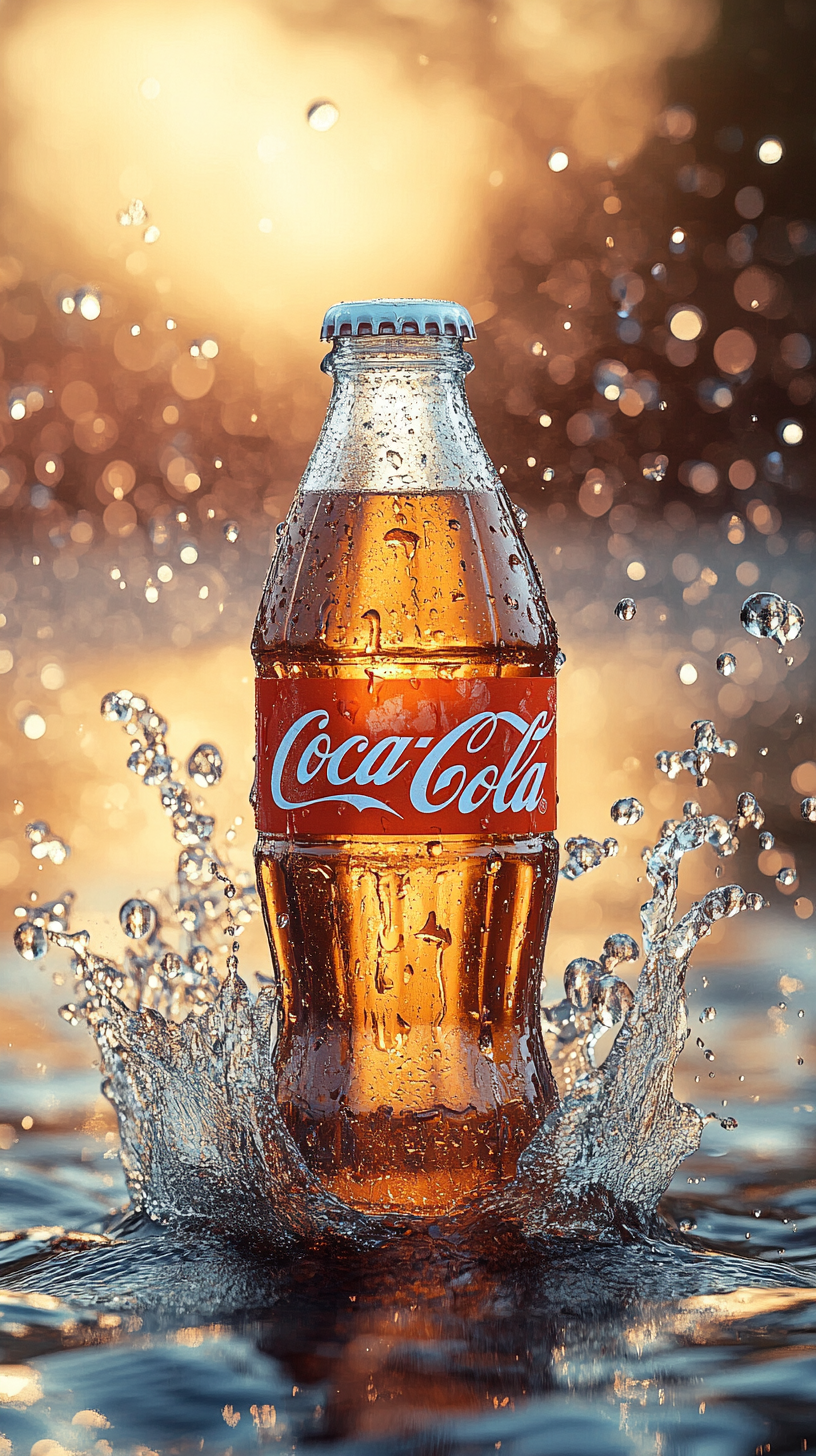 Pale Coca-Cola bottle on water with bubbles and droplets.