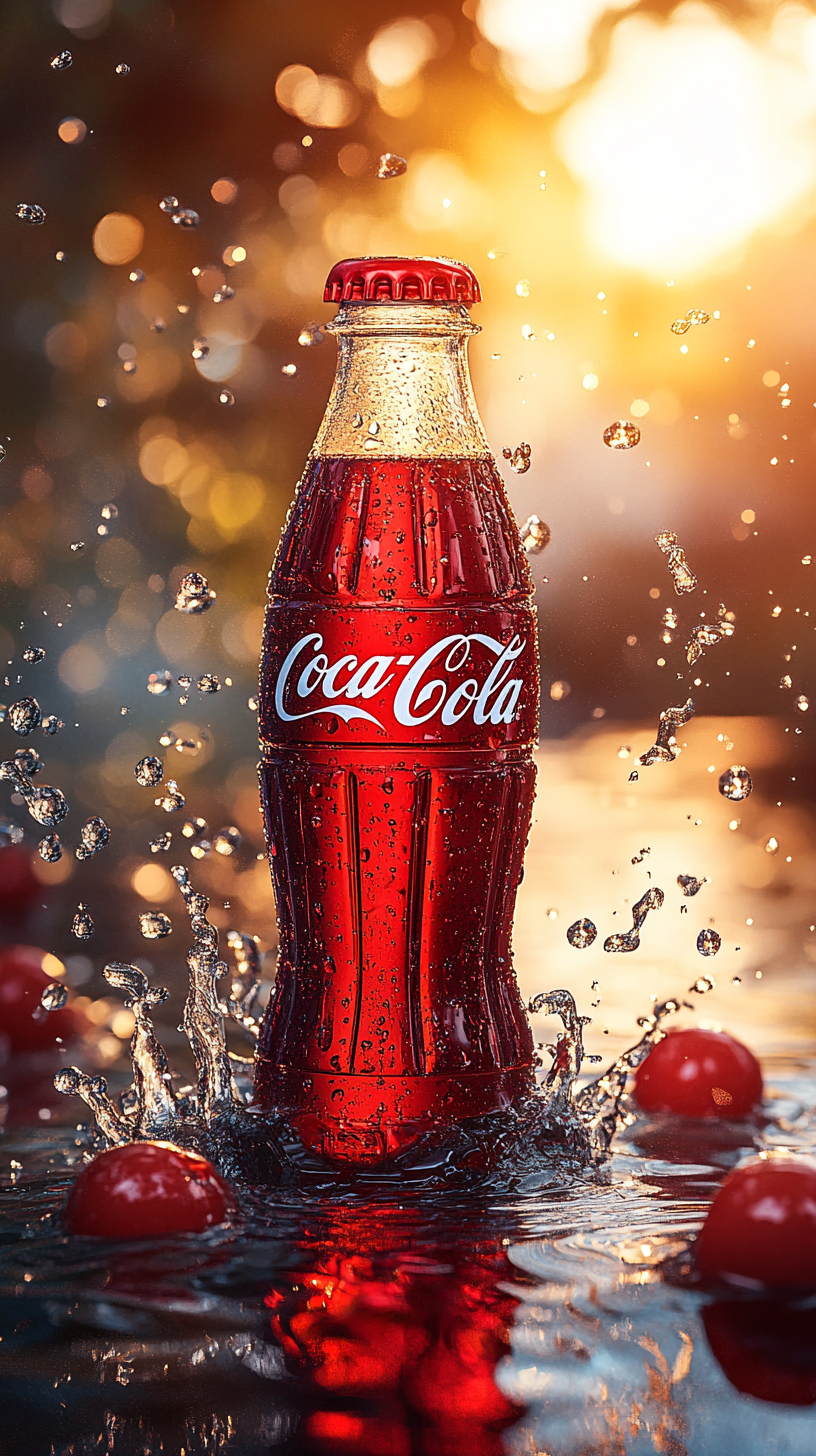 Pale cherry-red Coca-Cola bottle in sparkling water.