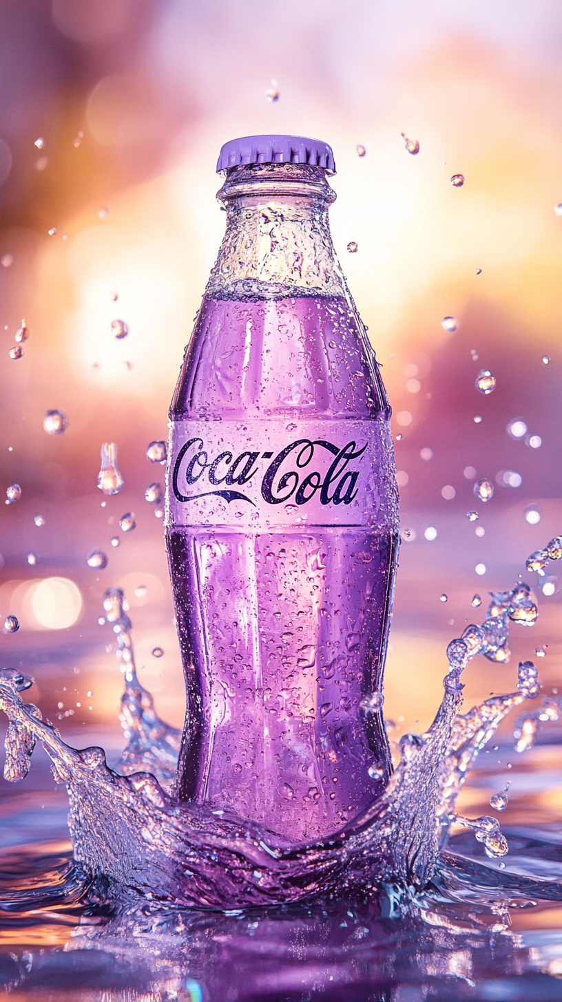 Pale purple Coca-Cola bottle in sparkling water, detailed studio shot.