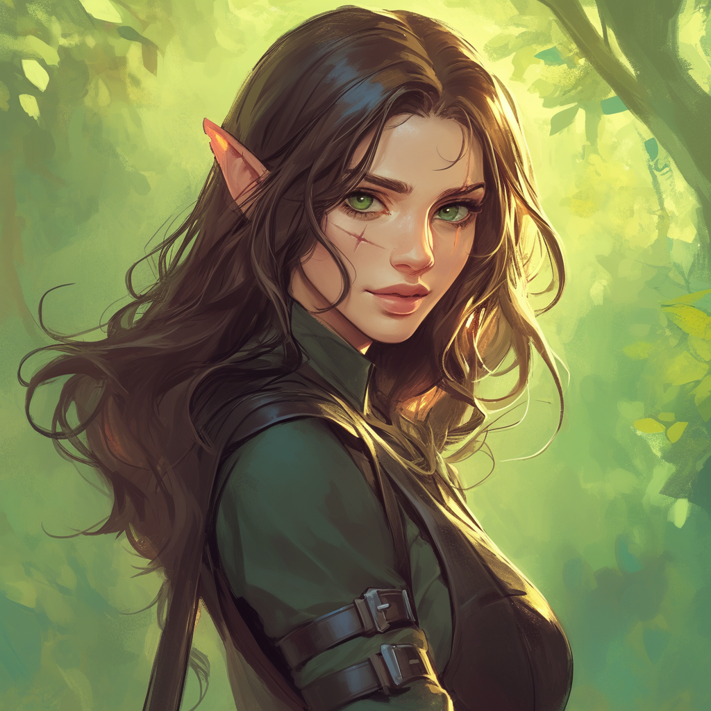 Pale-skinned elf with brown hair and green eyes.