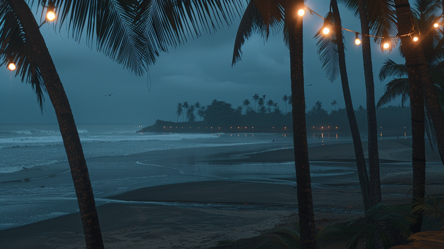 Palm trees, string lights on moonlit deserted beach.