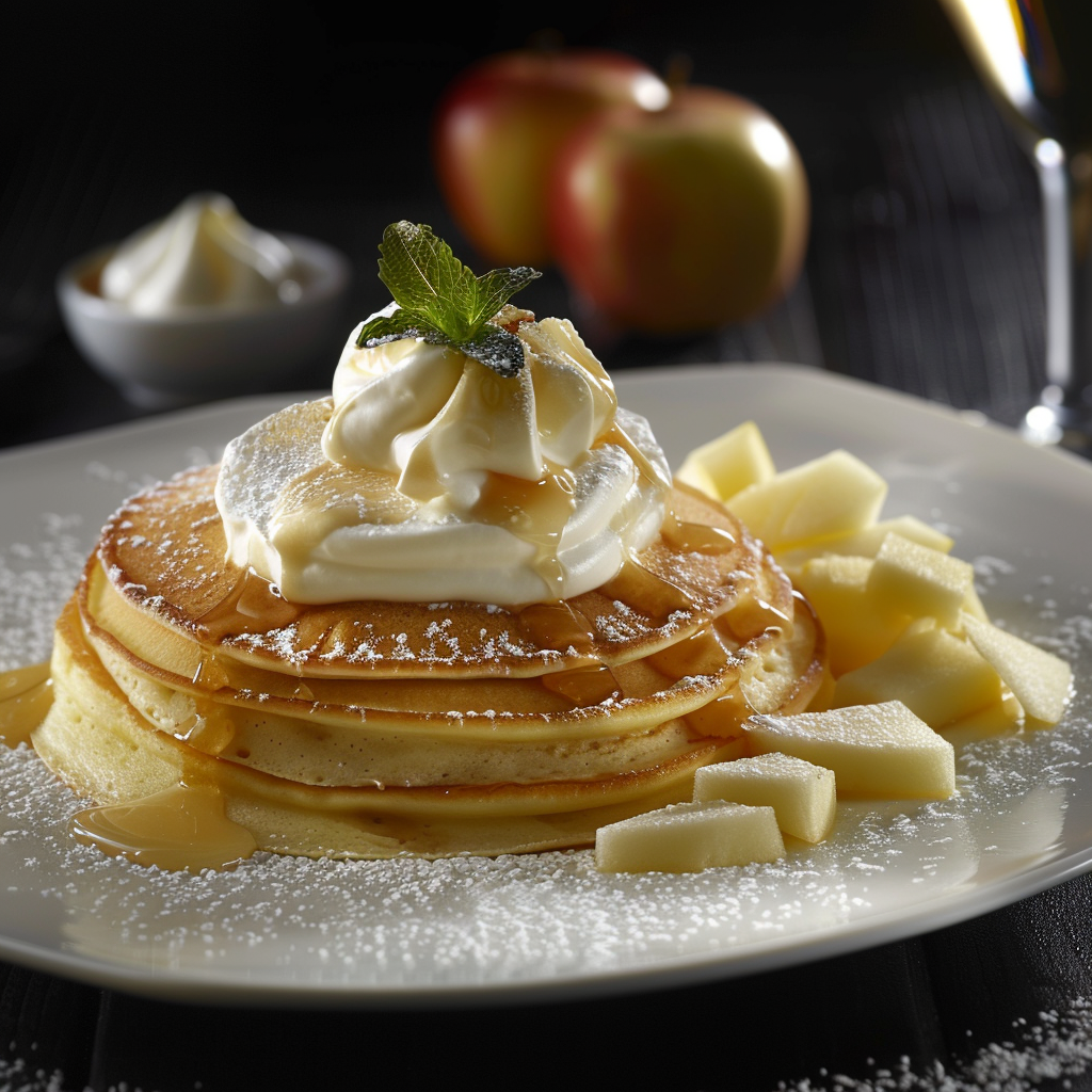 Pancake with vanilla cream and apple slices on plate.