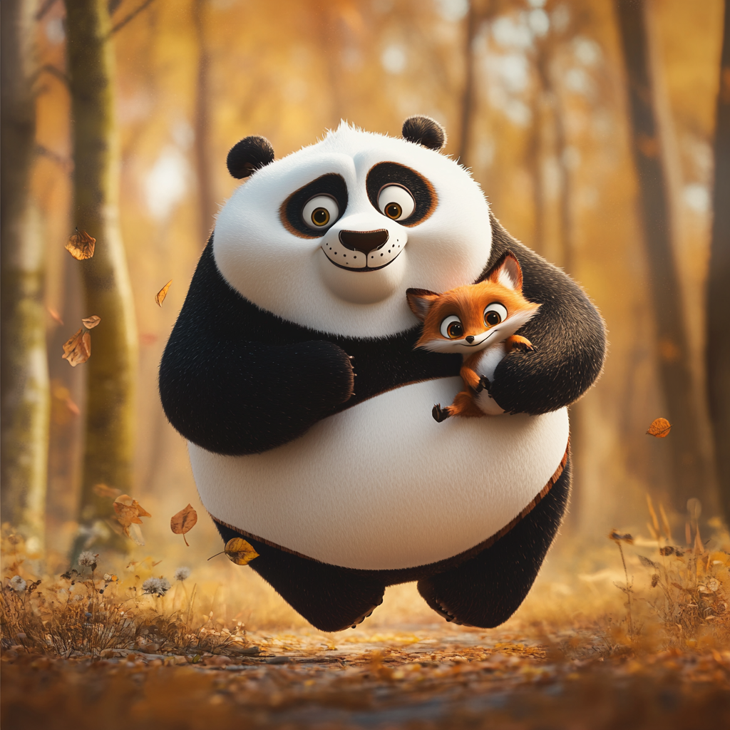 Panda and fox running in woods, Pixar style, HD