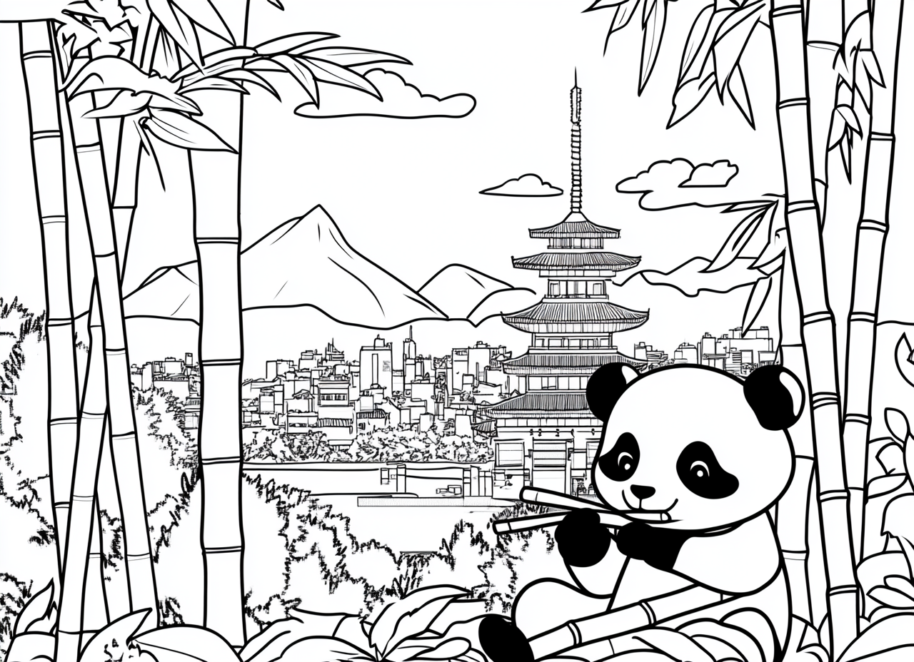 Panda eating bamboo in front of Pagoda. Kawaii style.