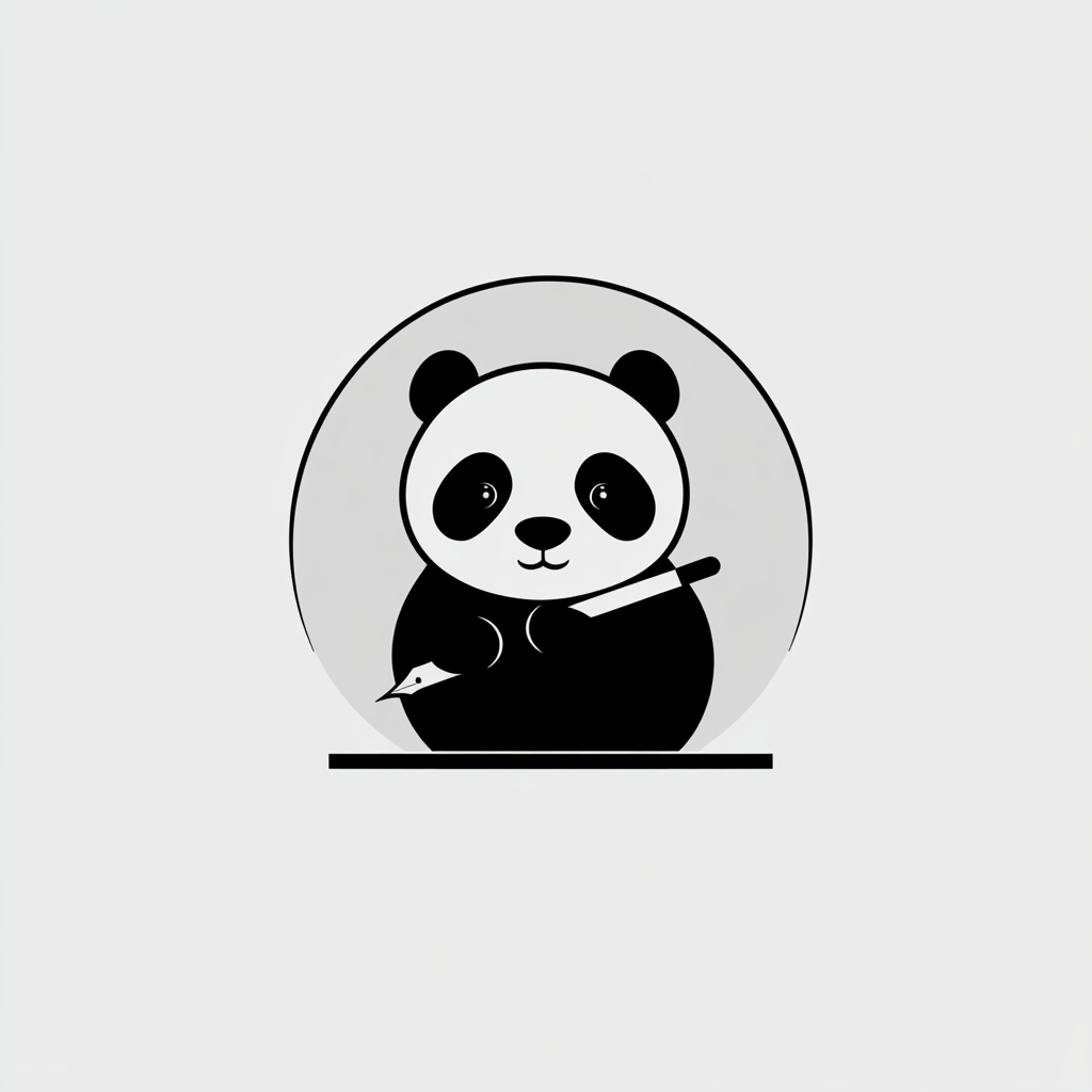 Panda holding pen in simple logo design.