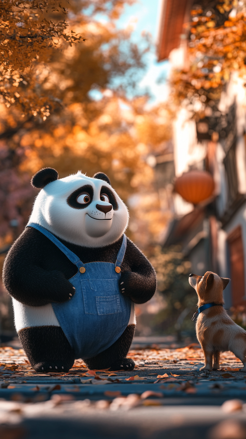 Panda in overalls talking to dog in Pixar style.