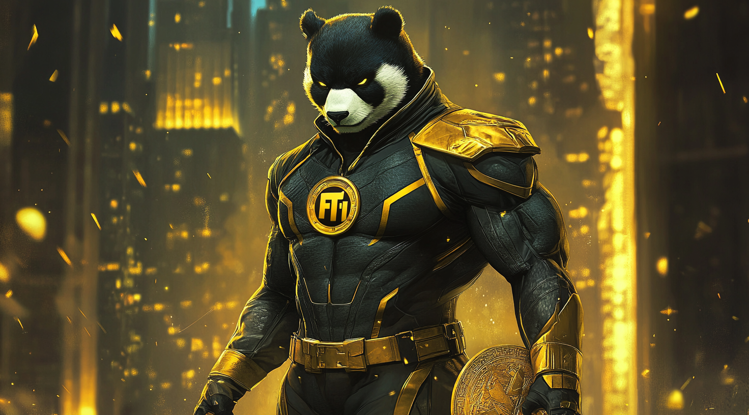 Panda superhero with golden coin in futuristic city