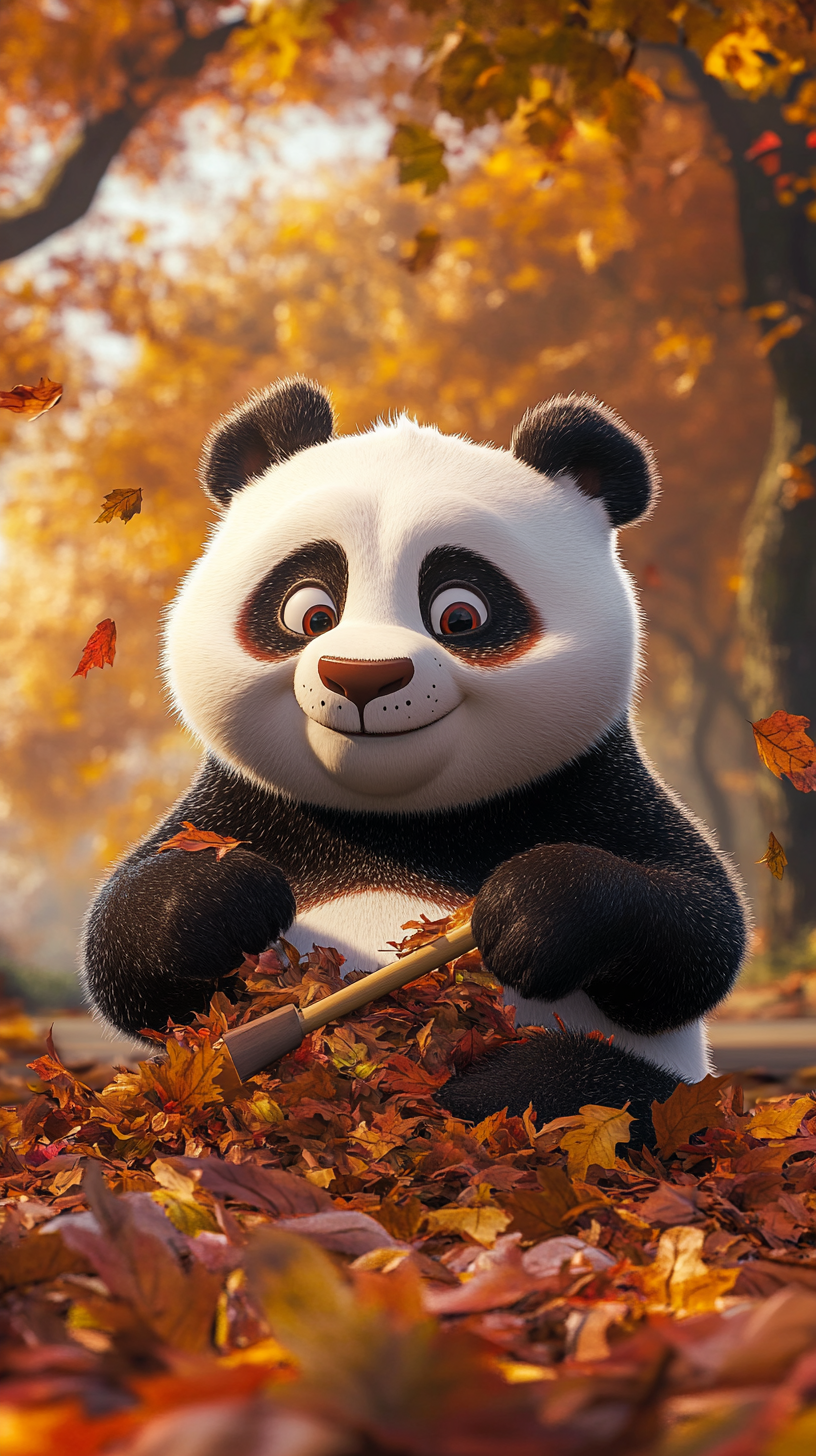 Panda sweeping leaves in colorful Pixar-style park.