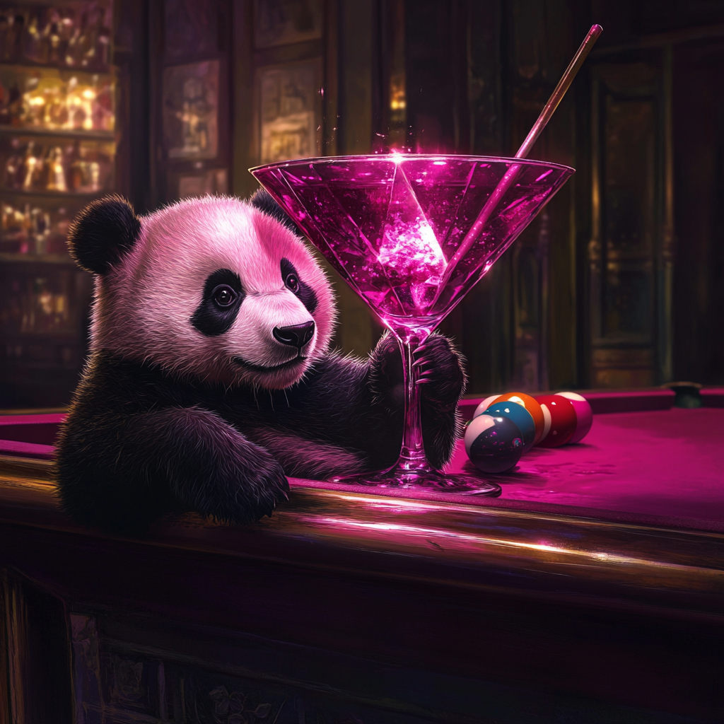 Panda trying to get pink diamond in glass