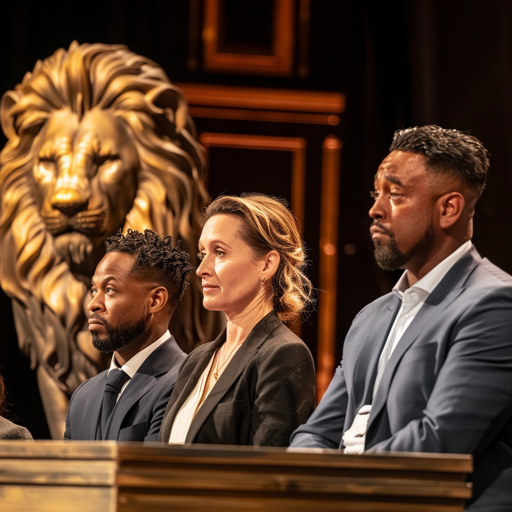 Panel of judges on competition TV show with lion statue prop.