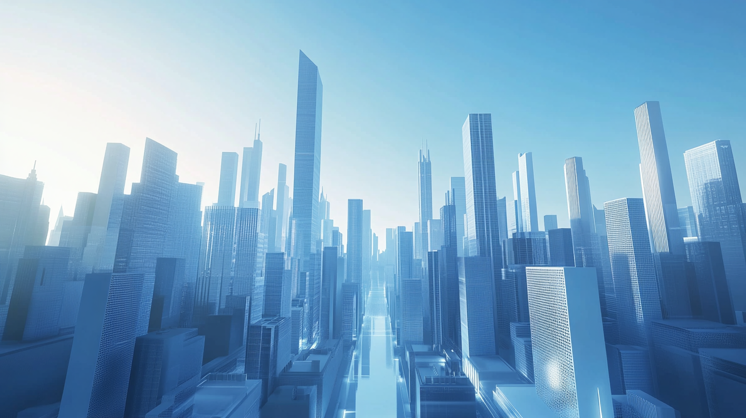 Panoramic Smart City with futuristic high-rise buildings, clear sky.