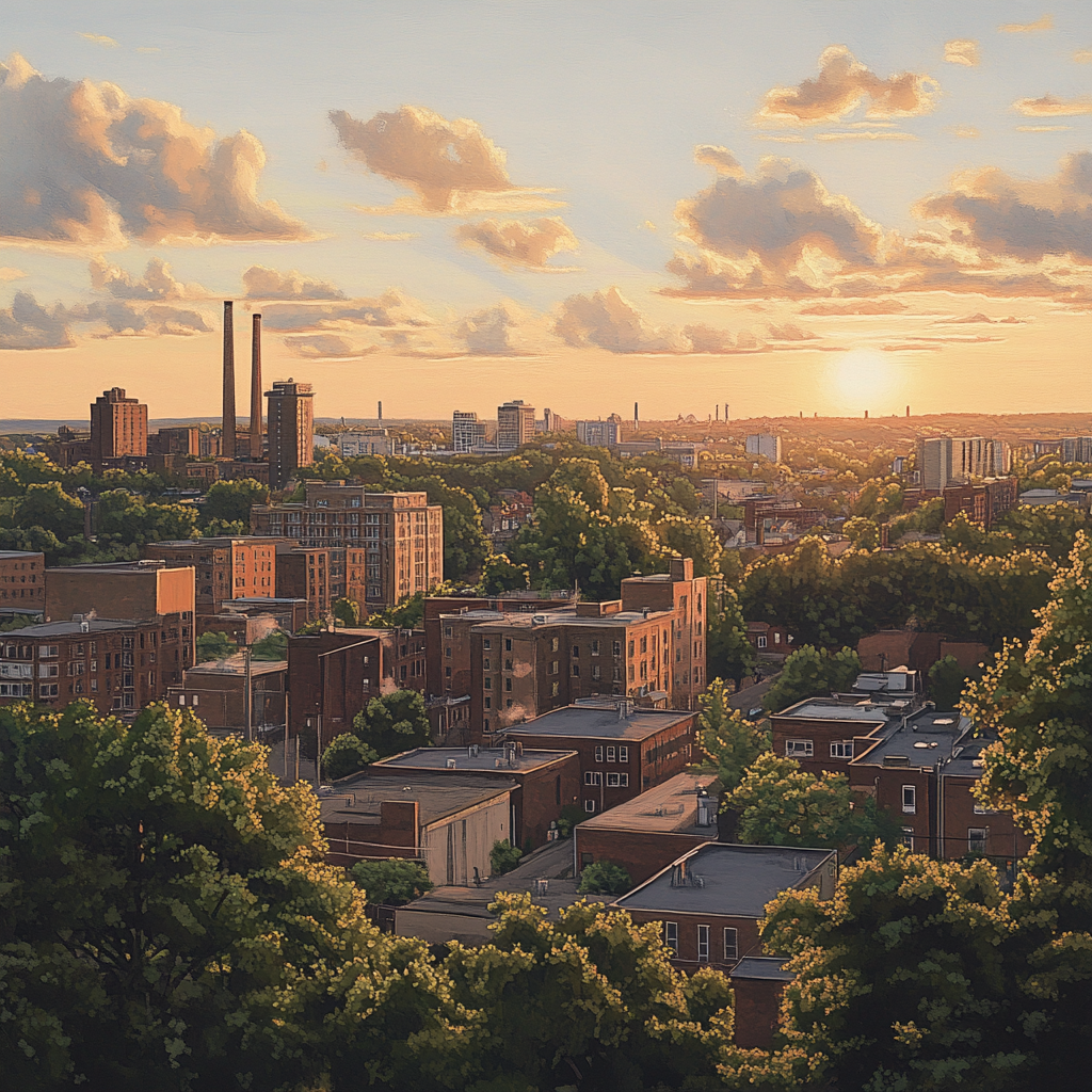 Panoramic view of Hamilton at dusk, urban realism art.