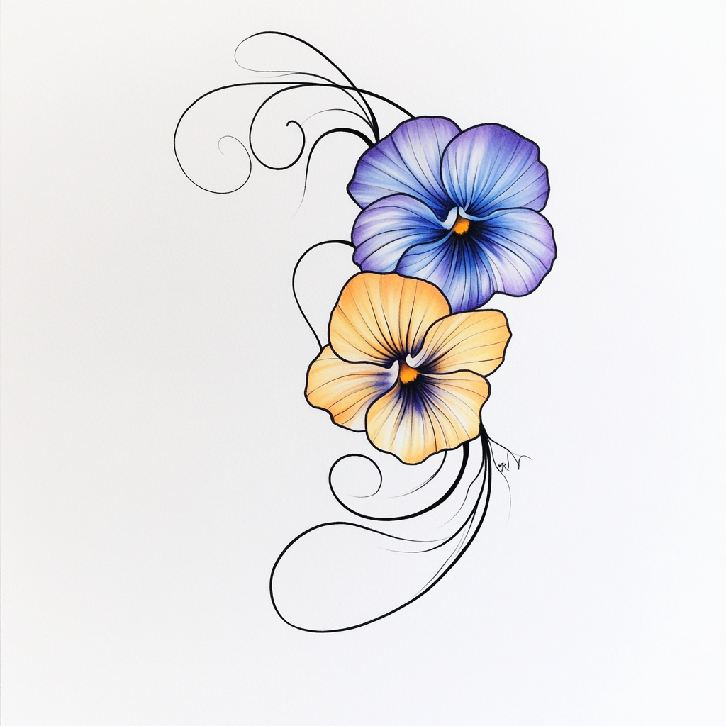 Pansy flowers in blue, purple, and yellow intertwined gracefully.