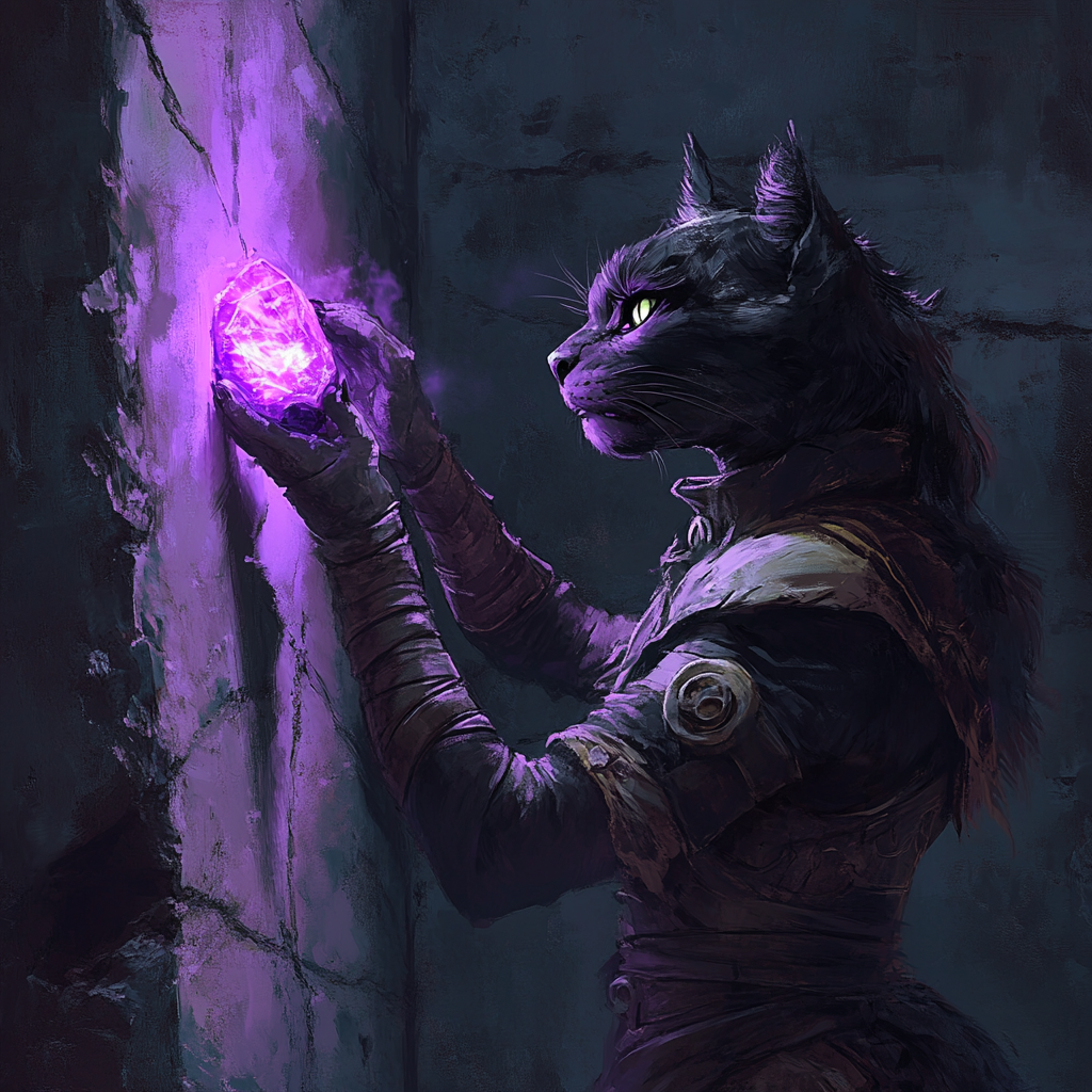 Panther-tabaxi-person with black fur extracting purple crystal.