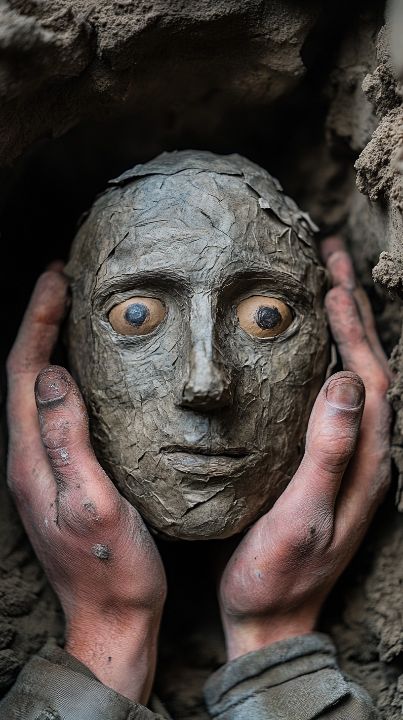 Papier-mâché dummy head with lifelike paint and hair.