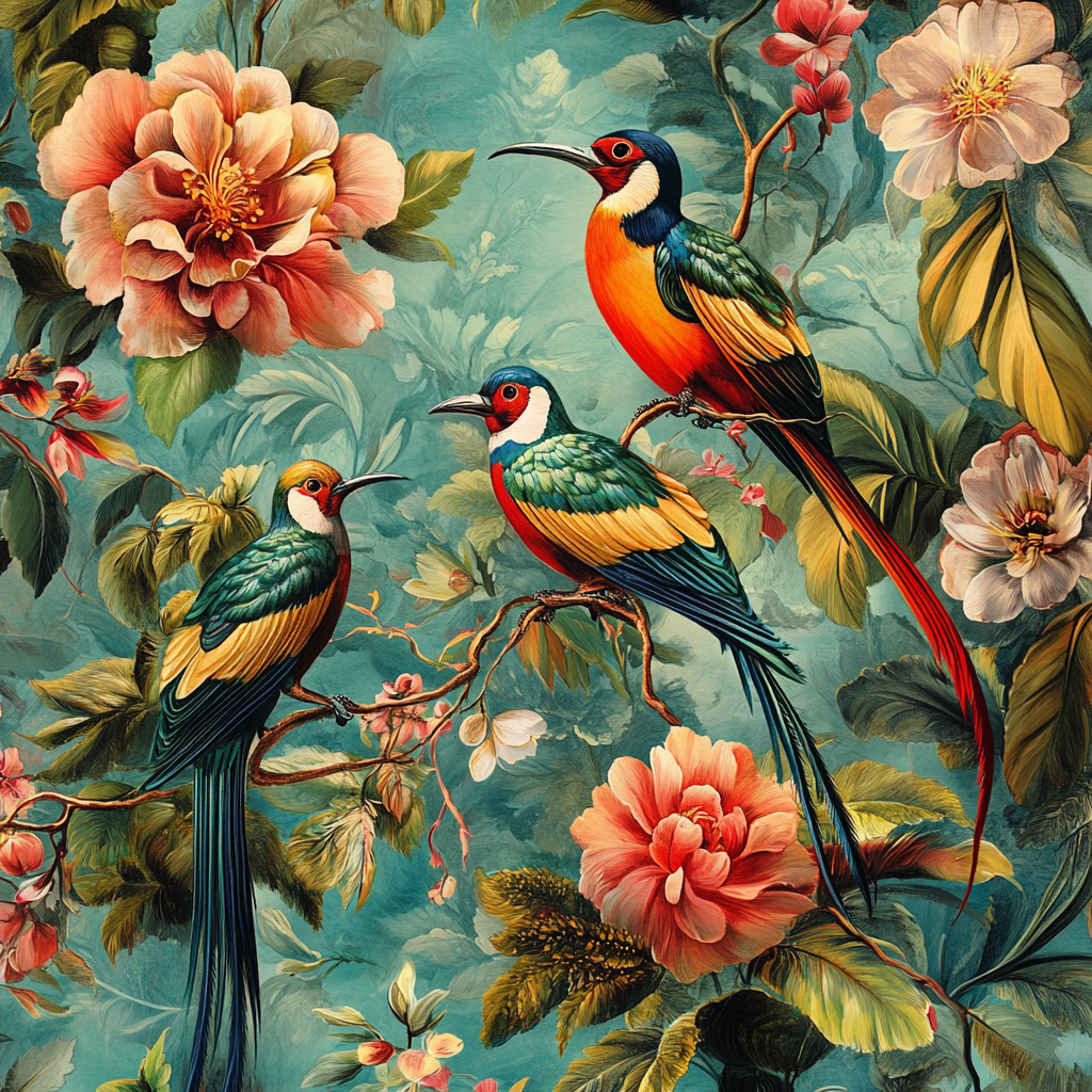 Paradise birds on vibrant flowers with intricate patterns.