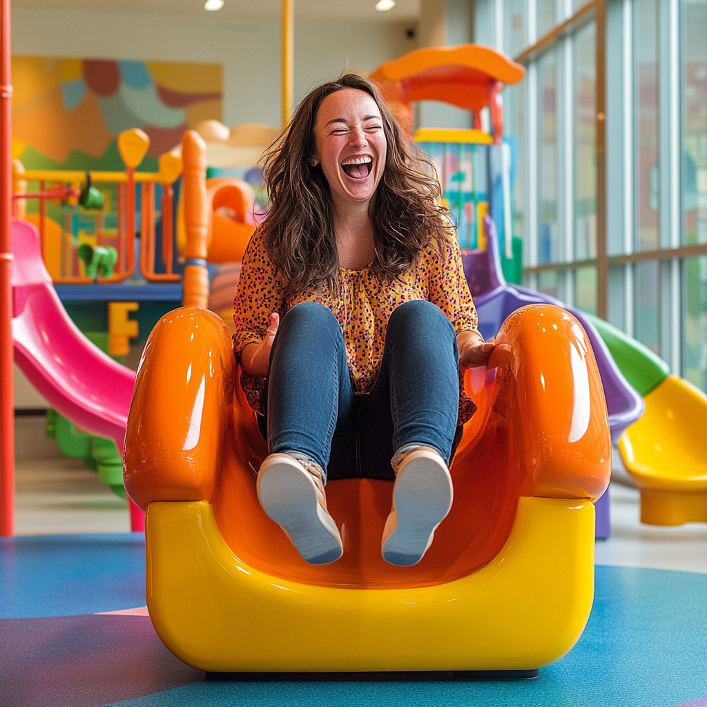 Parent playing joyfully on playground toy