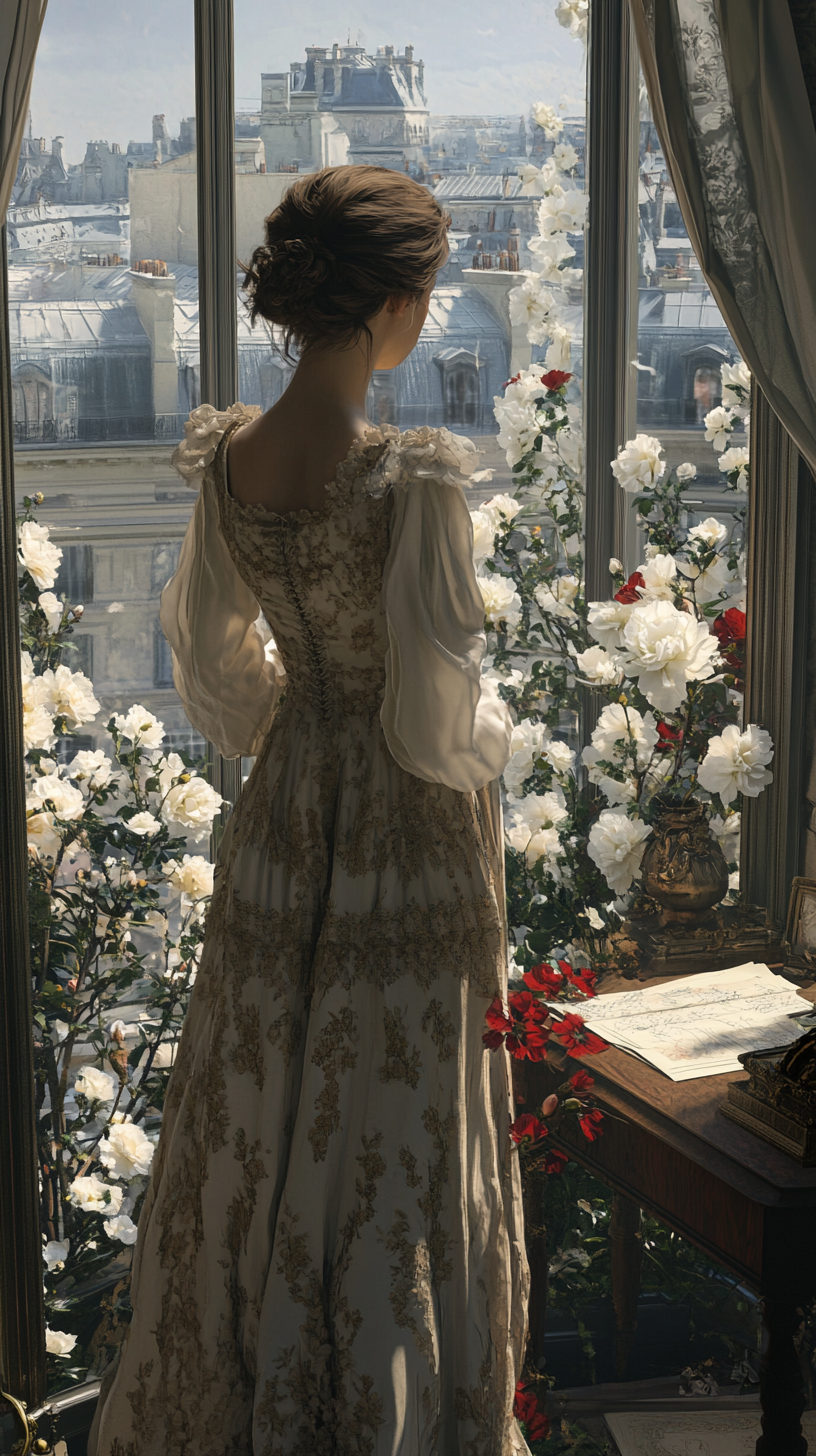 Paris in mid-19th century, beautiful lady in room.