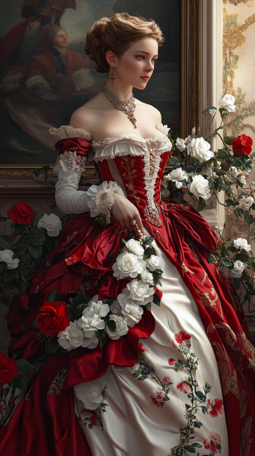 Paris mid-19th century, lady with camellias, luxury dress