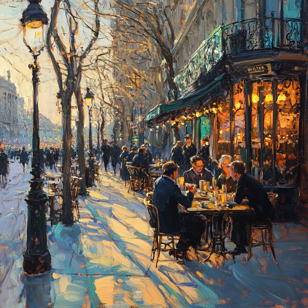 Paris scene with people, coffee, shadows, holographic design.