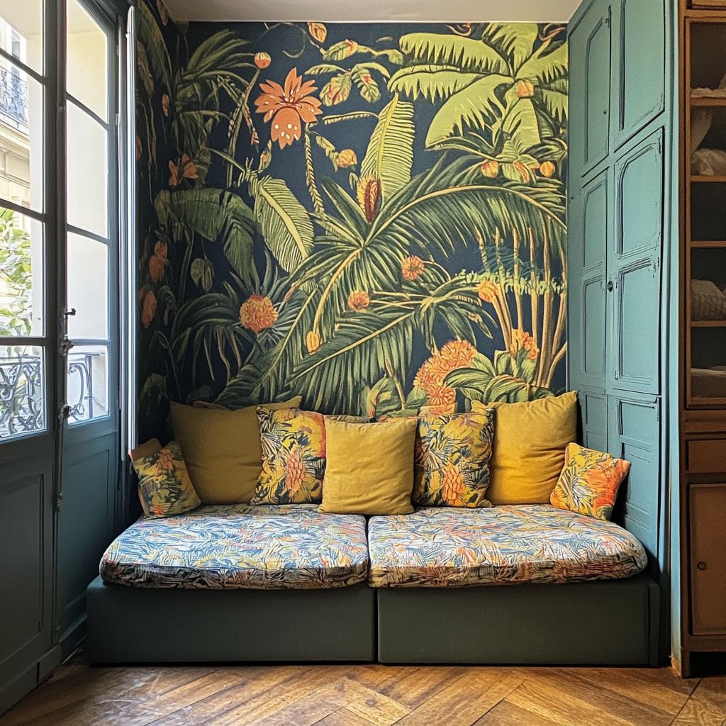 Parisian Studio in Montmartre with Tropical Wallpaper