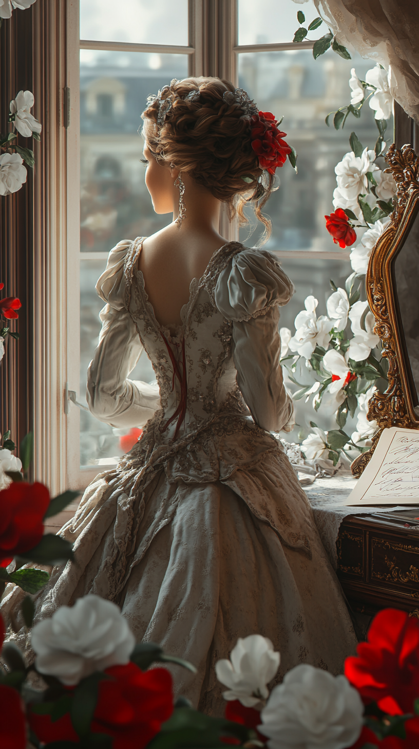 Parisian lady in luxury dress in elegant room setting.