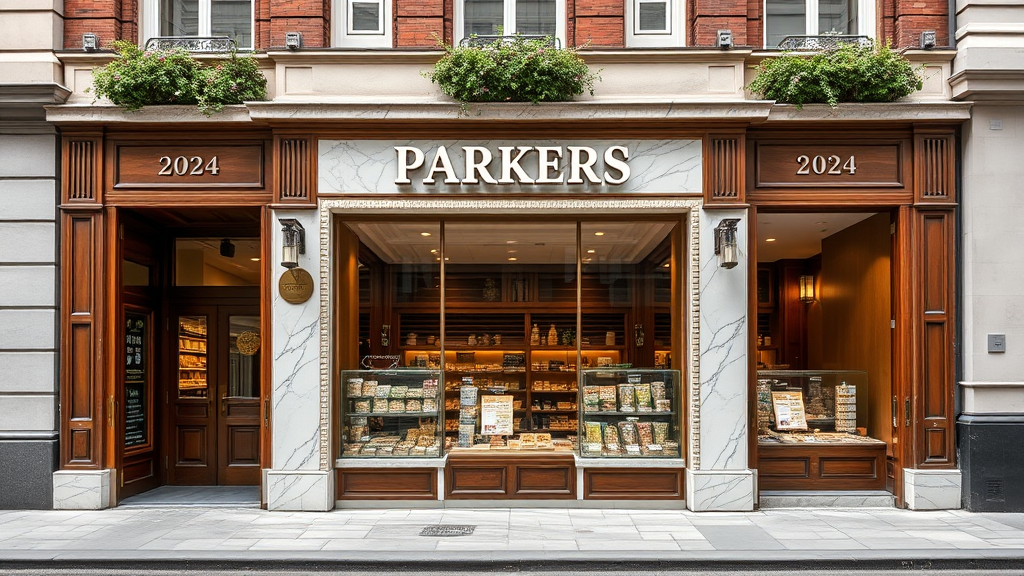 Parkers shop exterior, marble and wood, English food.