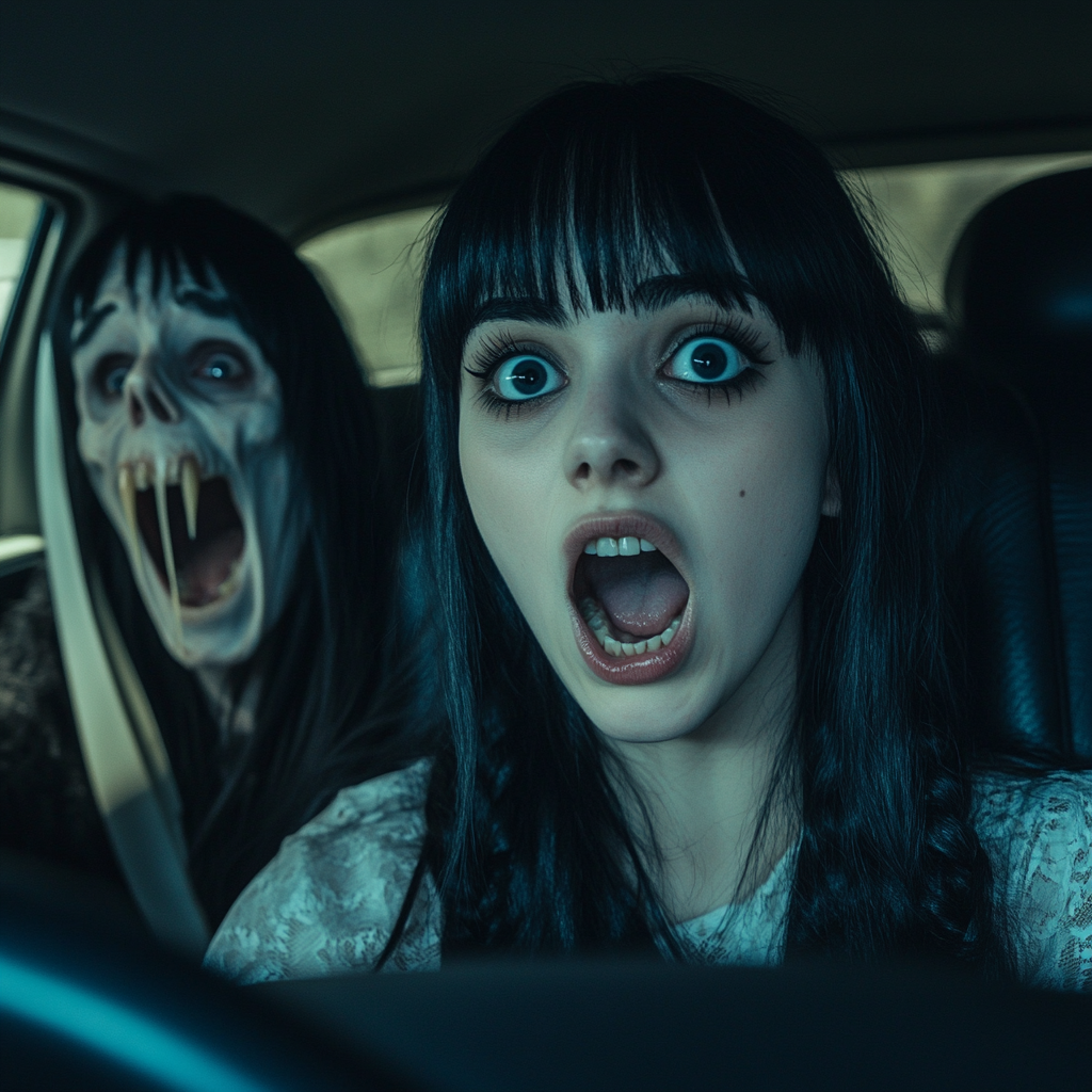 Passenger and driver scream at ghostly monster