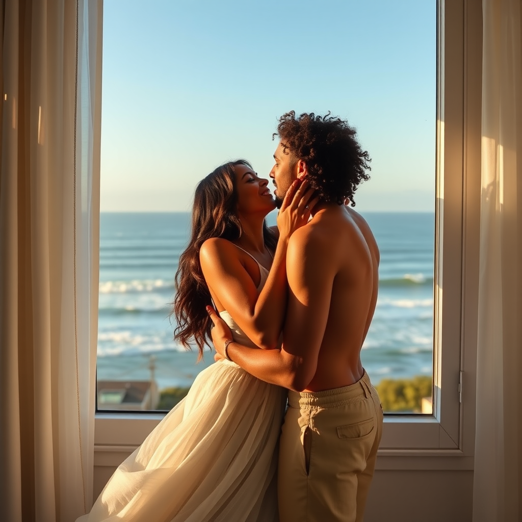 Passionate love by window in California seaside suite.