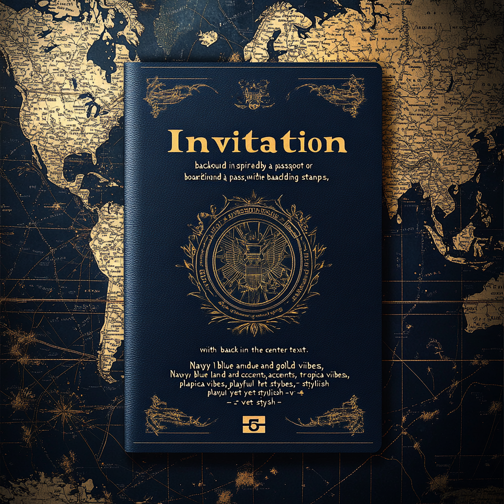 Passport-inspired invitation with world map, navy blue, gold.