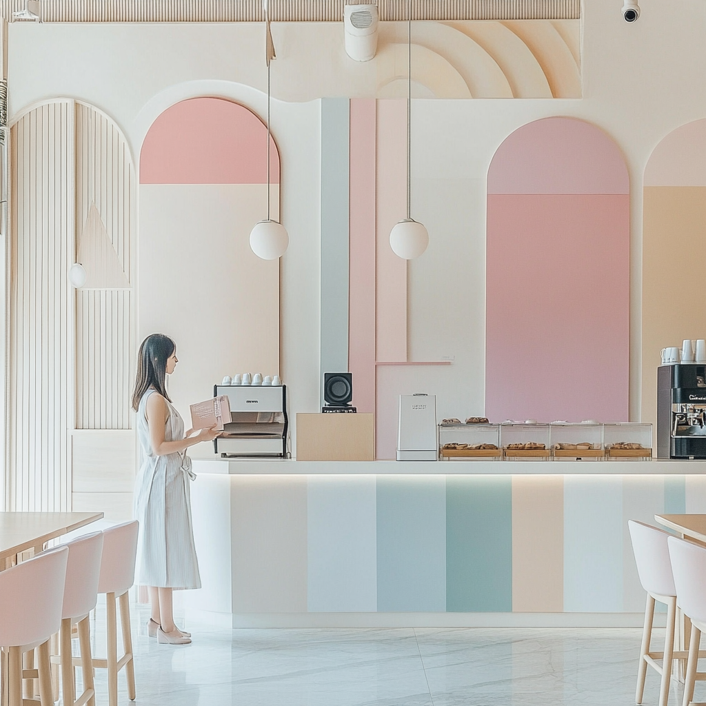 Pastel Coffee Shop Artwork with Influencer and Decor 