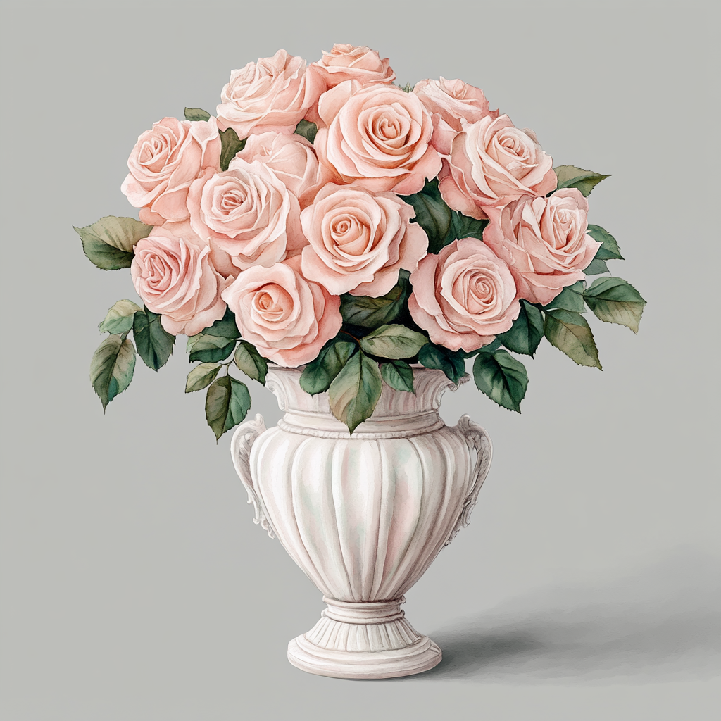 Pastel Pink Roses in White Porcelain Vase Illustration