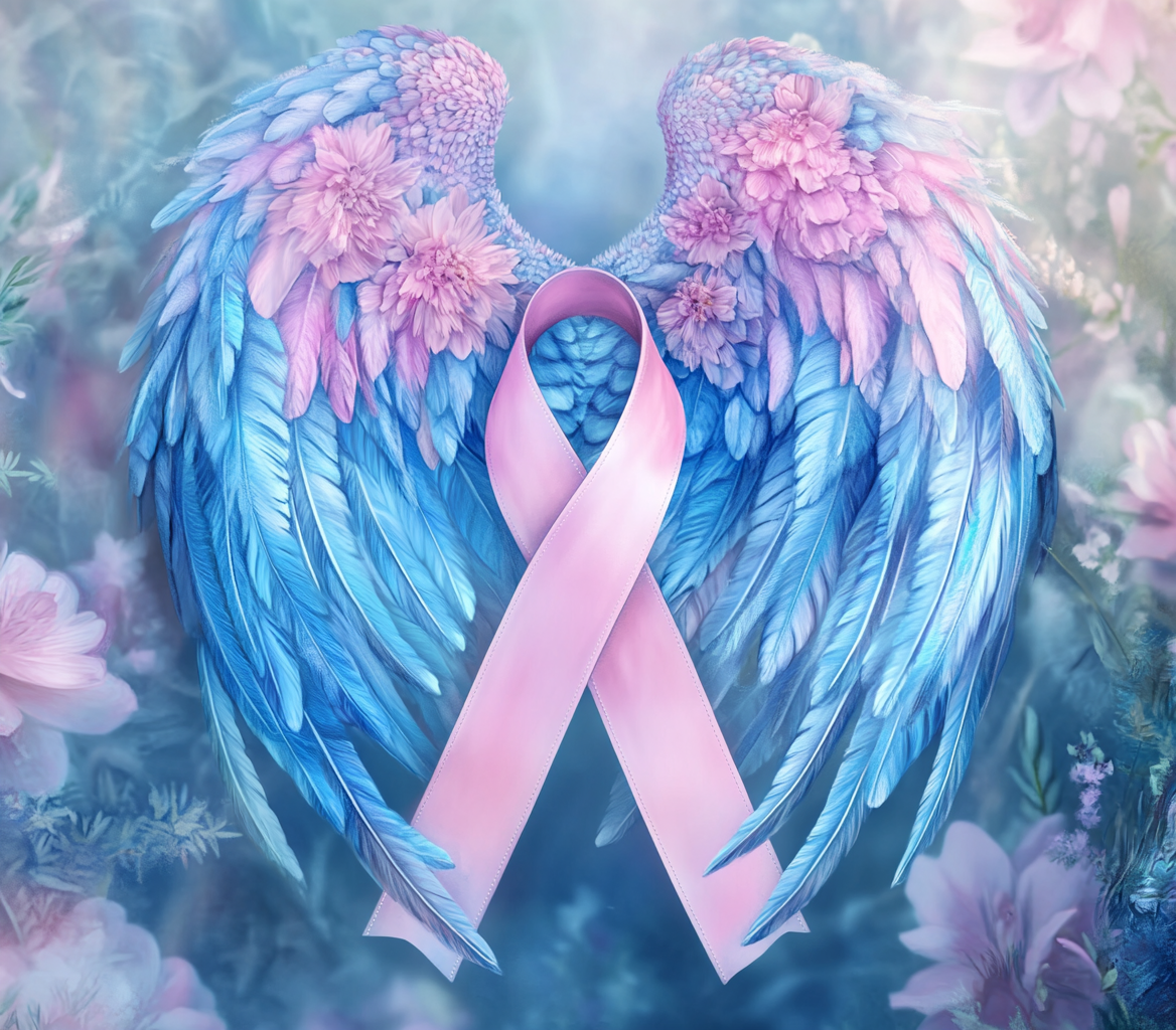 Pastel cancer ribbons with wings and flowers, detailed artwork.