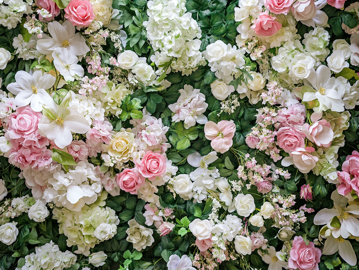 Pastel color flowers in green and white tones.