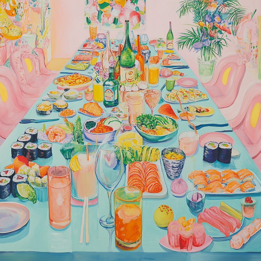 Pastel dining room table with sushi, veggies, drinks.