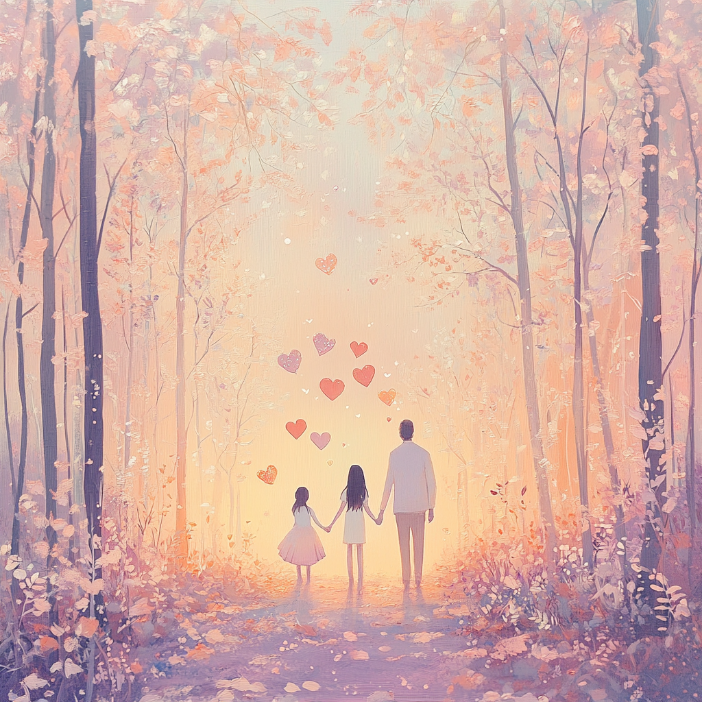 Pastel forest at sunset, family silhouettes in love.