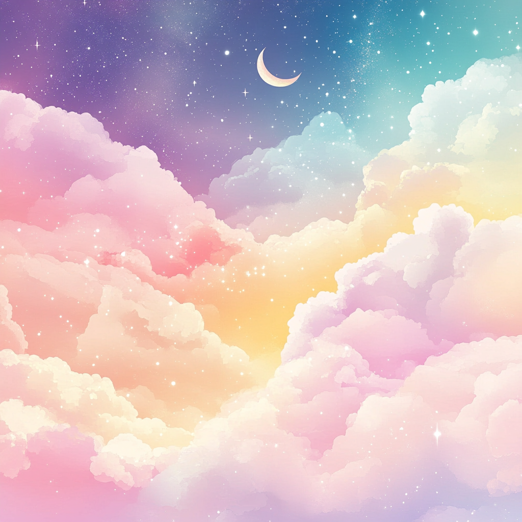 Pastel gradient with clouds, starry sky, small moon