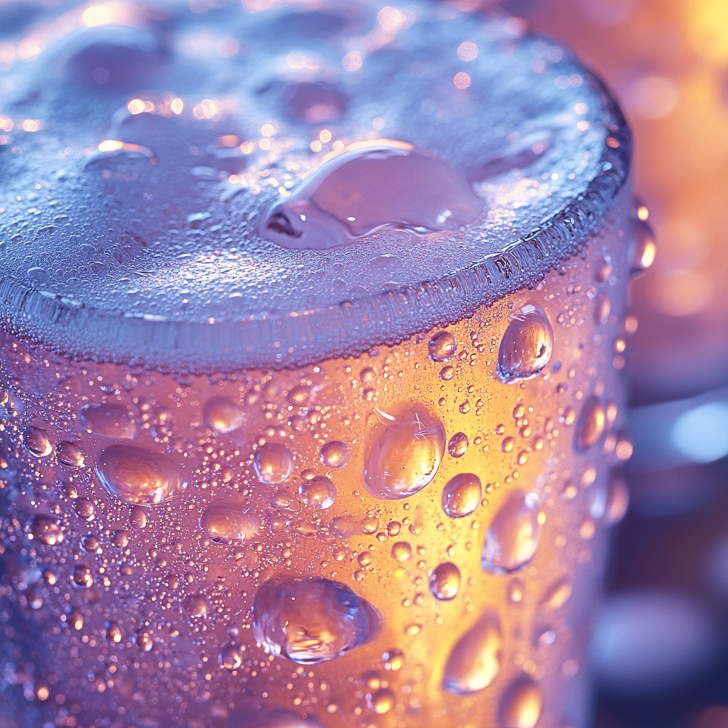 Pastel pink-blue beer foam close-up with water droplets.