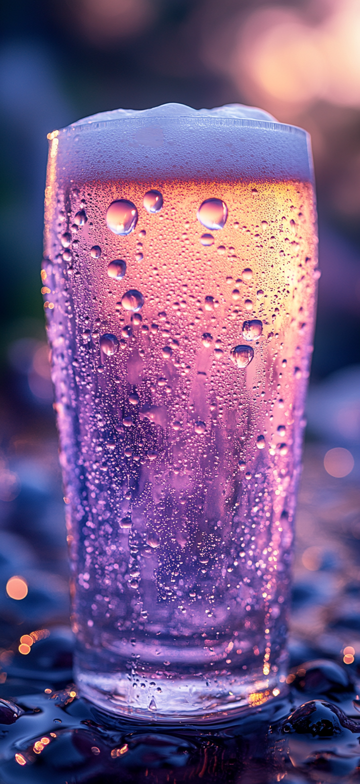 Pastel pink-blue beer foam with water droplets on glass.