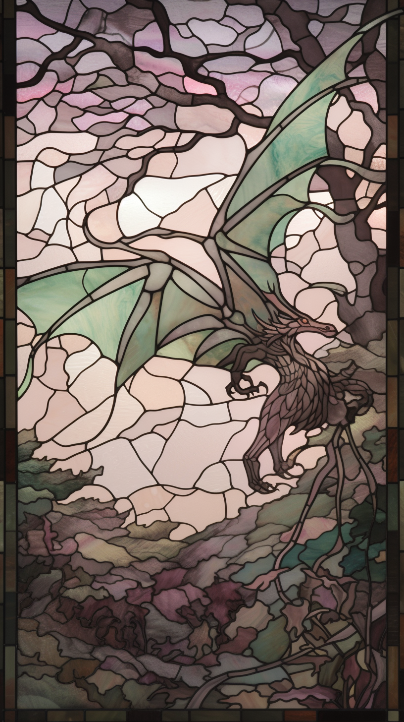 Pastel stained glass dragon flying over forest.