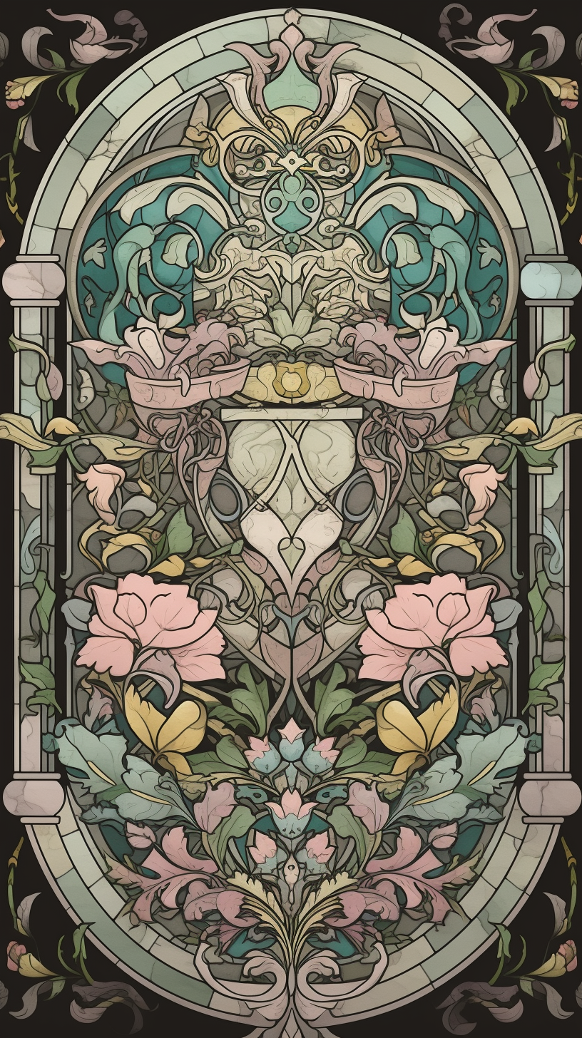 Pastel stained glass royal crest with intricate symbols.