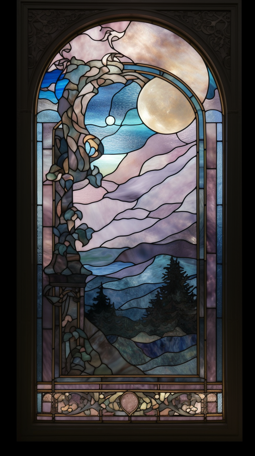 Pastel stained glass window scene with moonlight reflection.