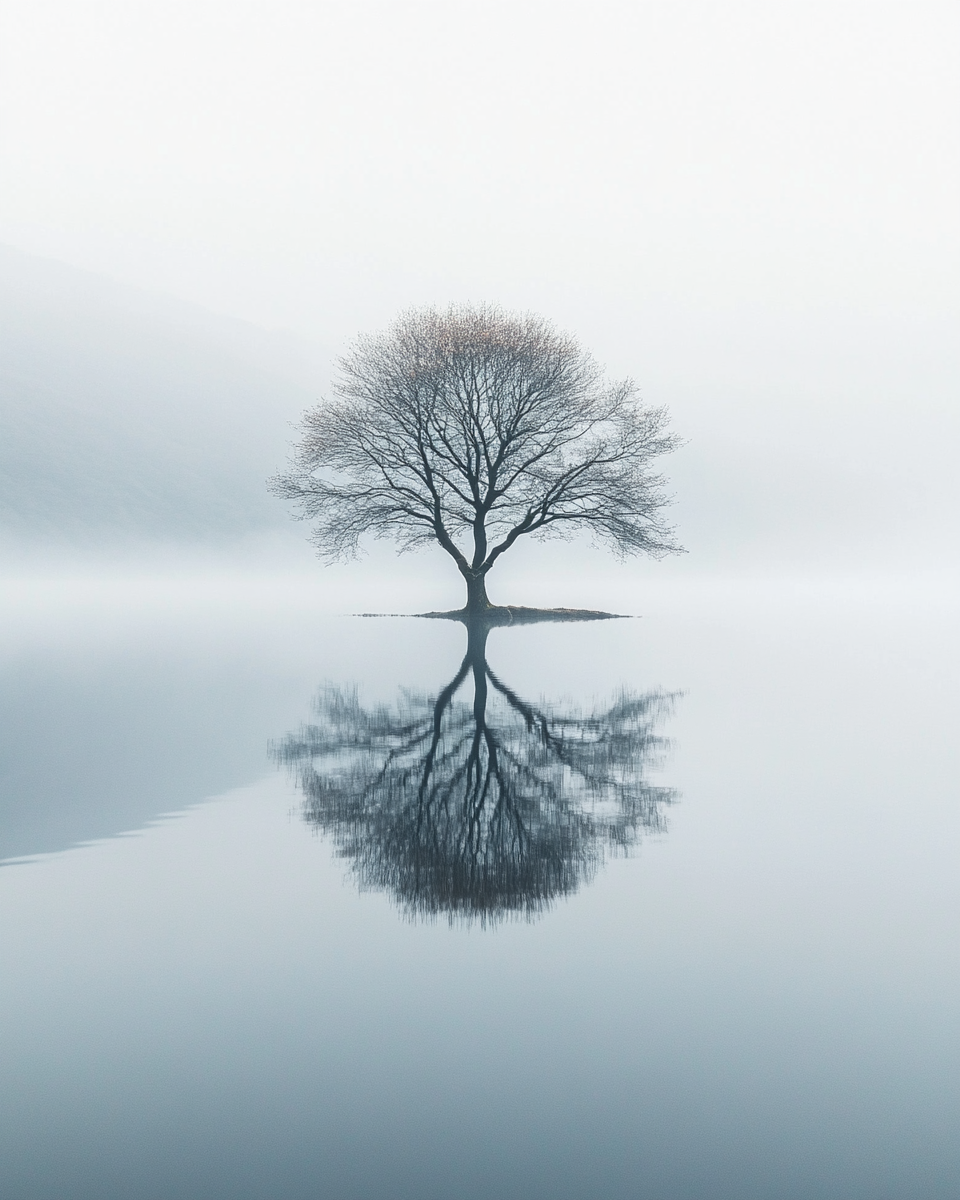 Pastel tree in serene lake district, misty morning photography.