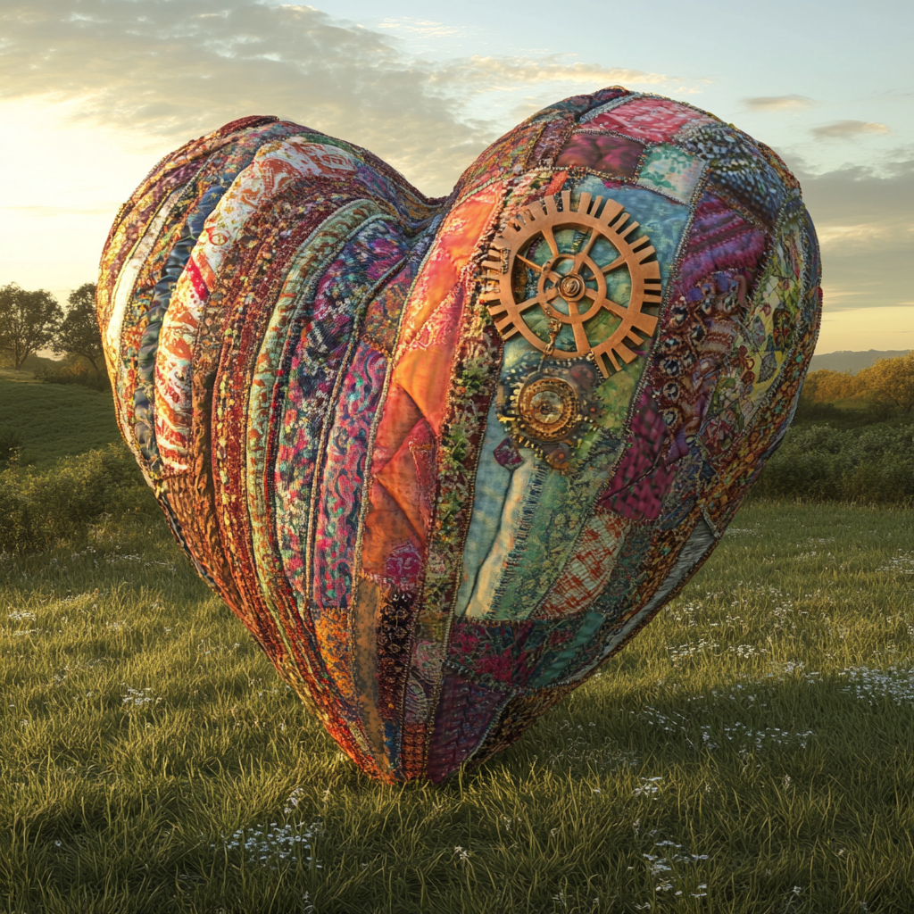 Patchwork heart on grass, gears within circle, broken. Sunrise.