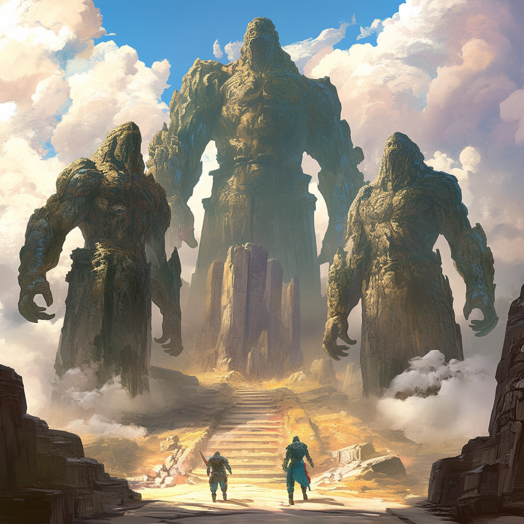 Path to towering mountain blocked by massive titans.