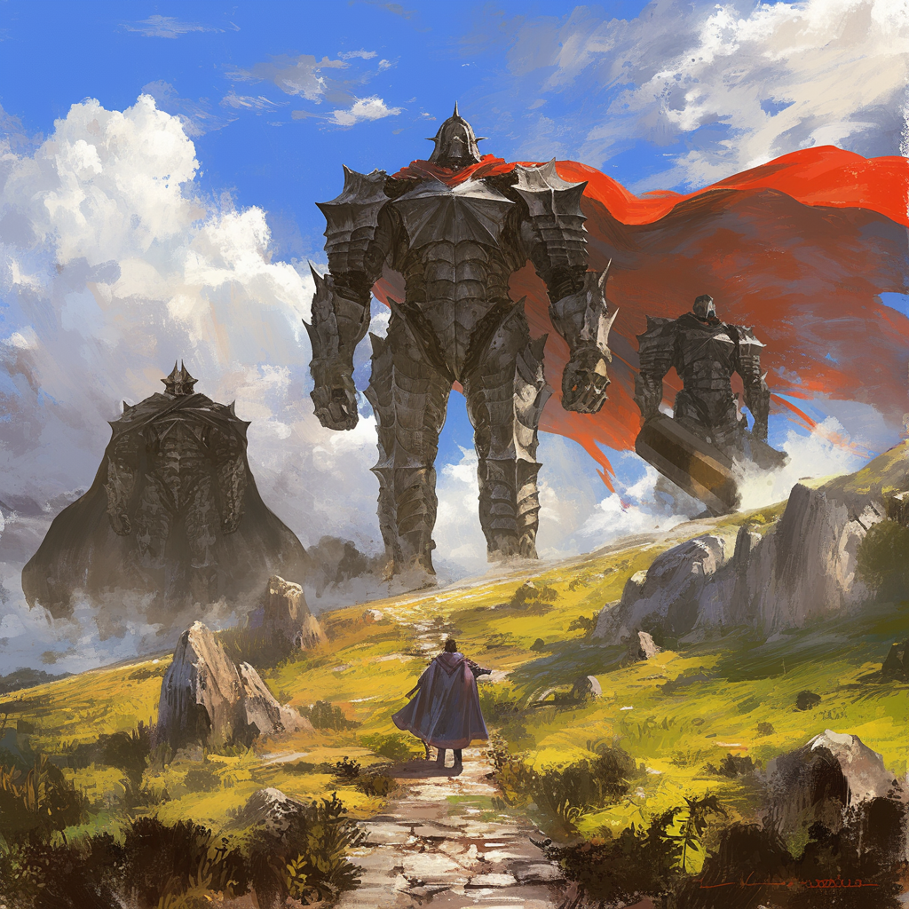 Path towards mountain guarded by three giant robots.